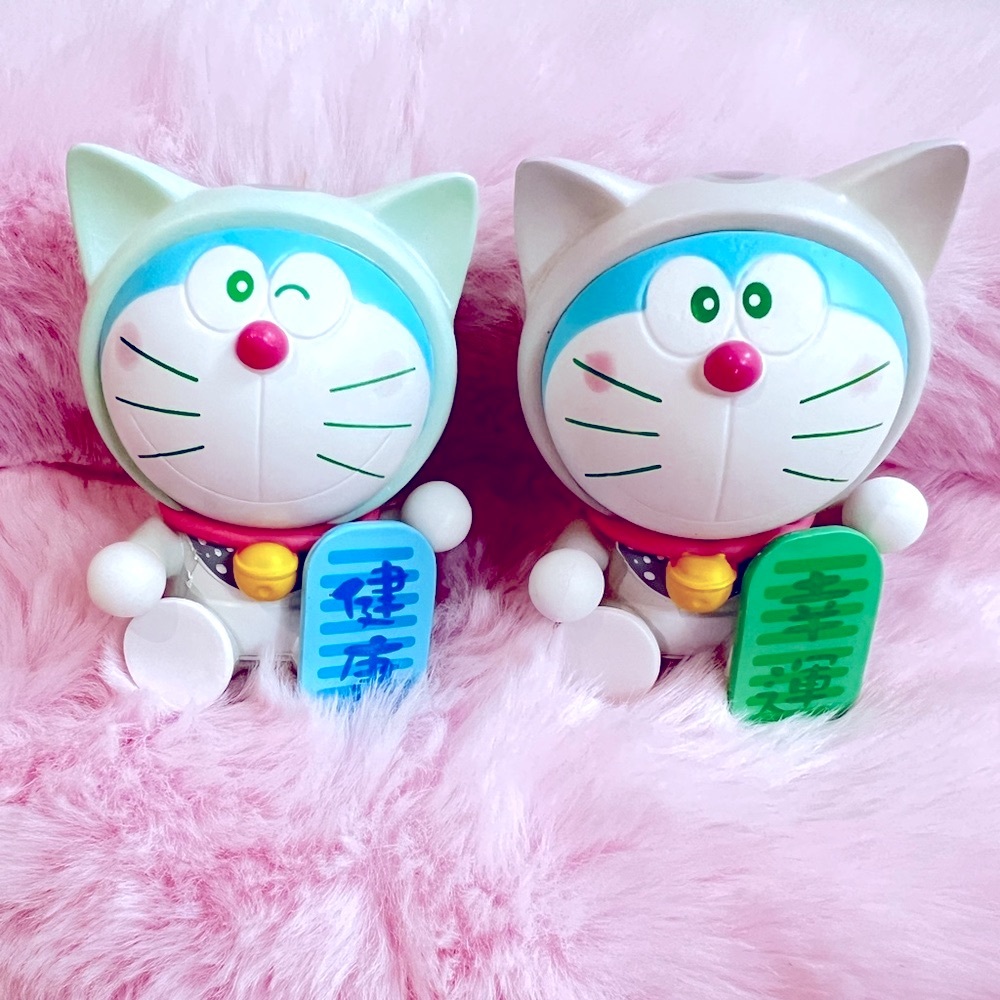Cute Cat Figurines with Blue and Green Accents